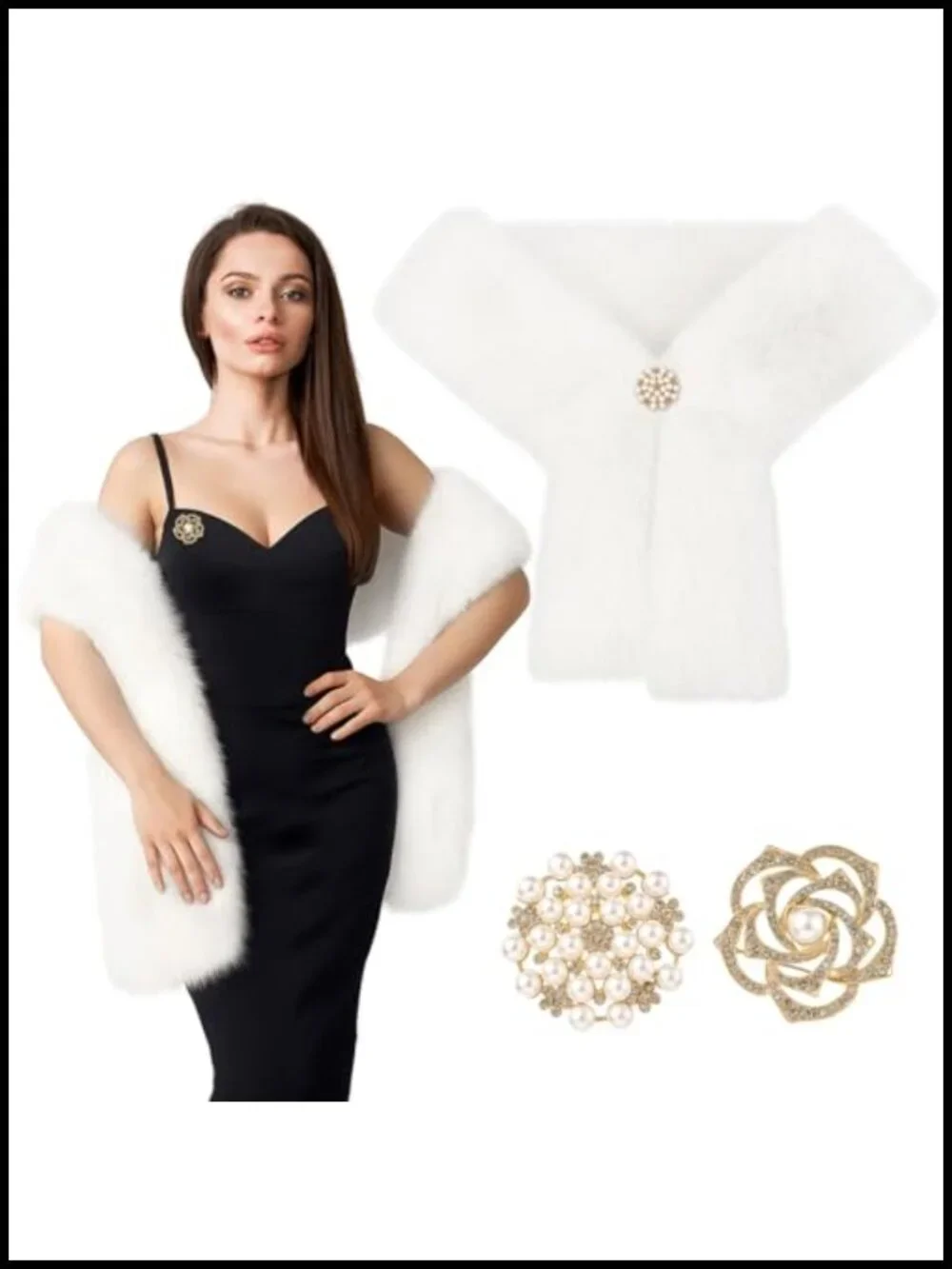 Faux Fur Collar Scarf Wrap Women Long Shawl w/ 2 Brooches Wedding